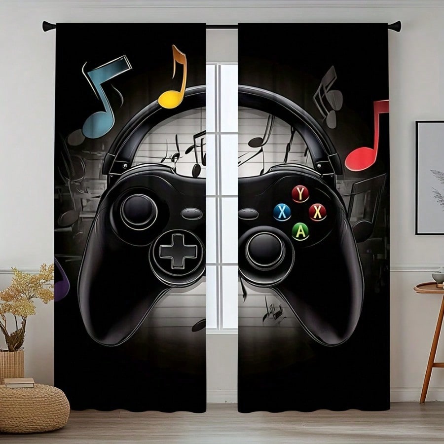 Retro Gaming Youtube - 2pcs Retro Gaming Room Curtains Black